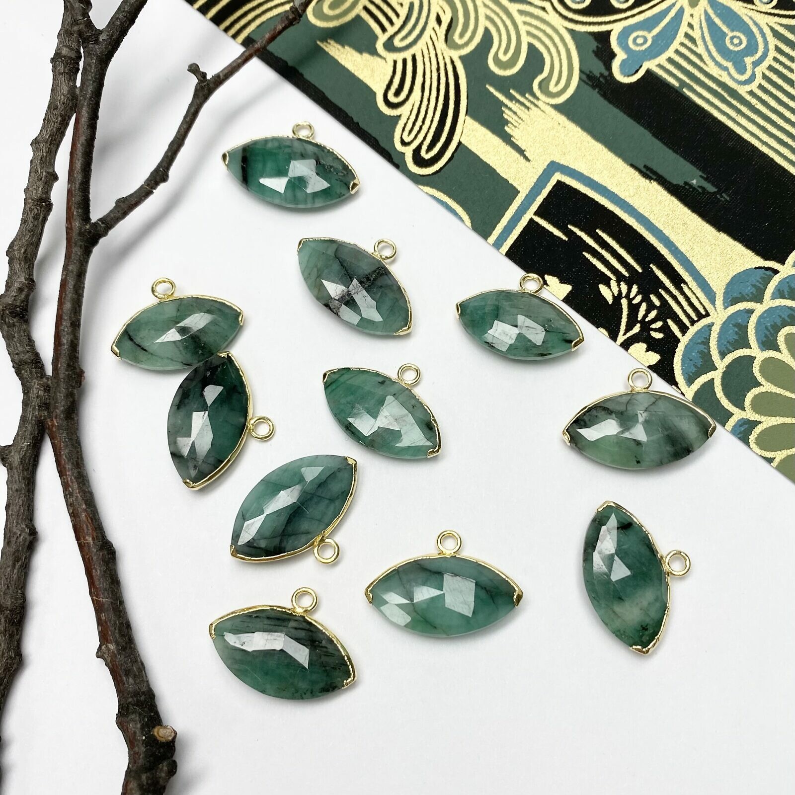 Emerald Faceted Evil Eye 22kt Gold Plated Copper - Pendants Charms (May)