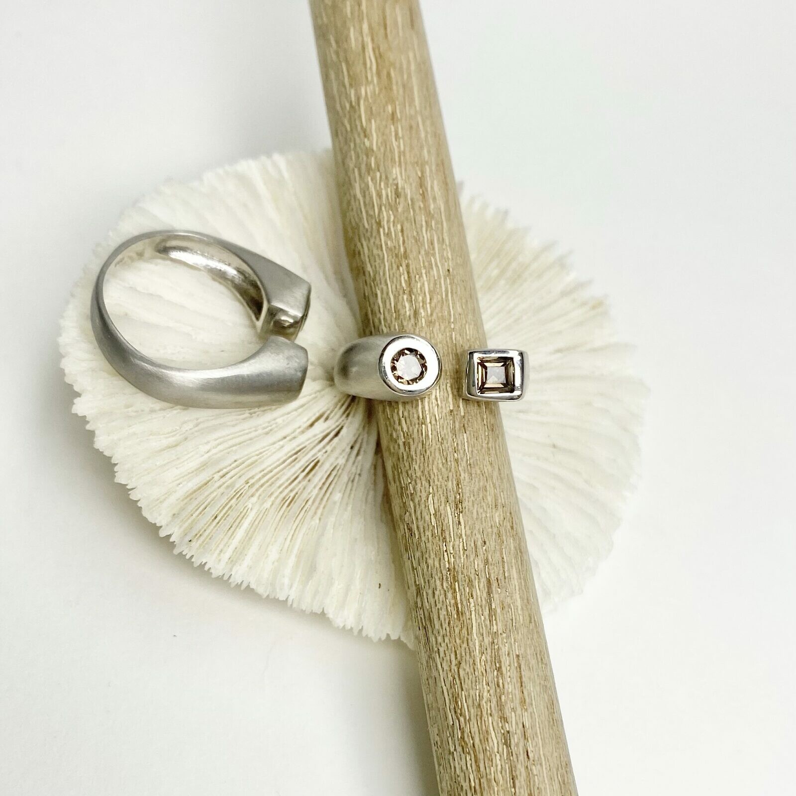 Adjustable Duo Rings Round and Square Stone Brushed Rhodium Plated Sterling Silver .925 - Image 4