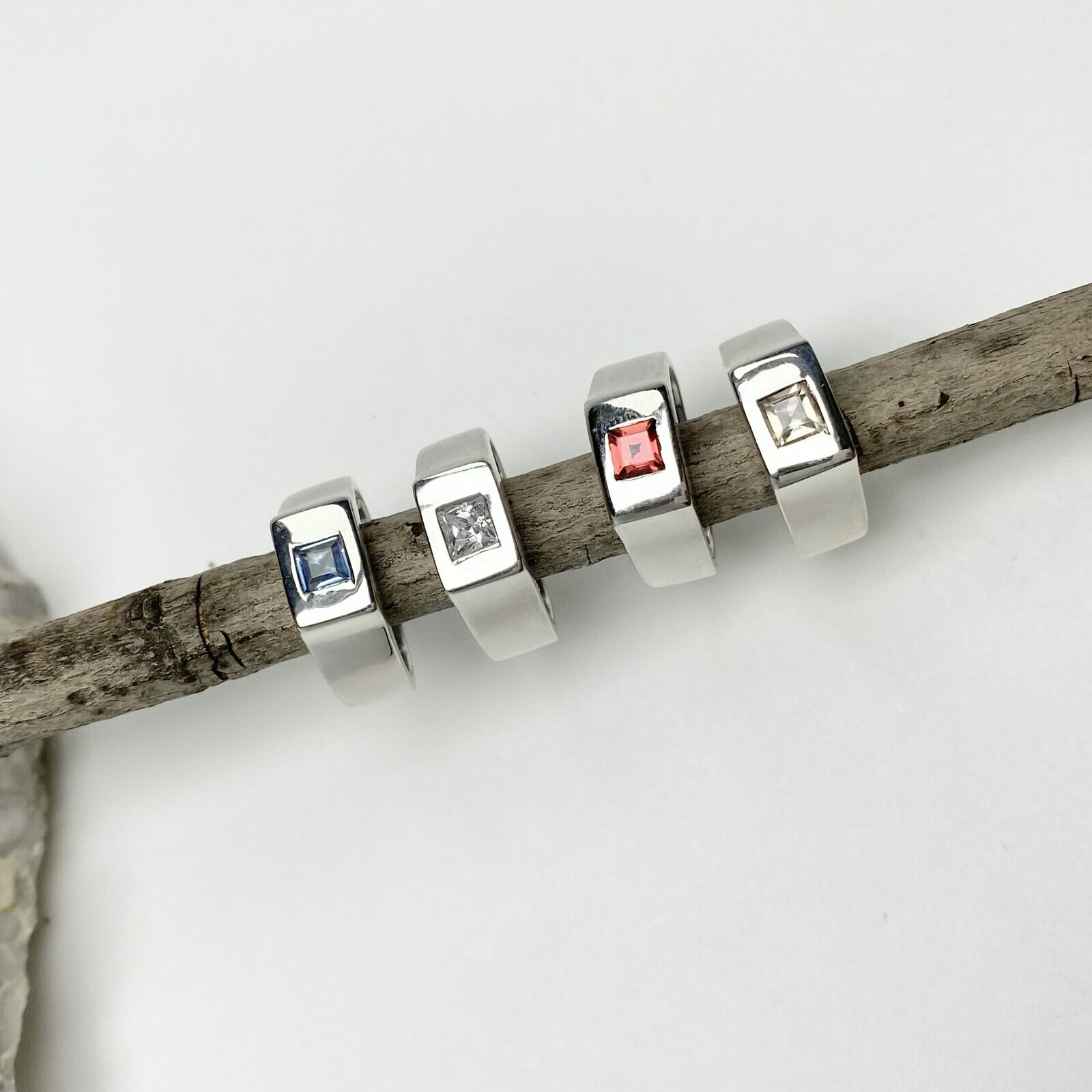 The Block Rings with Square Stone Shiny Rhodium Plated Sterling Silver .925