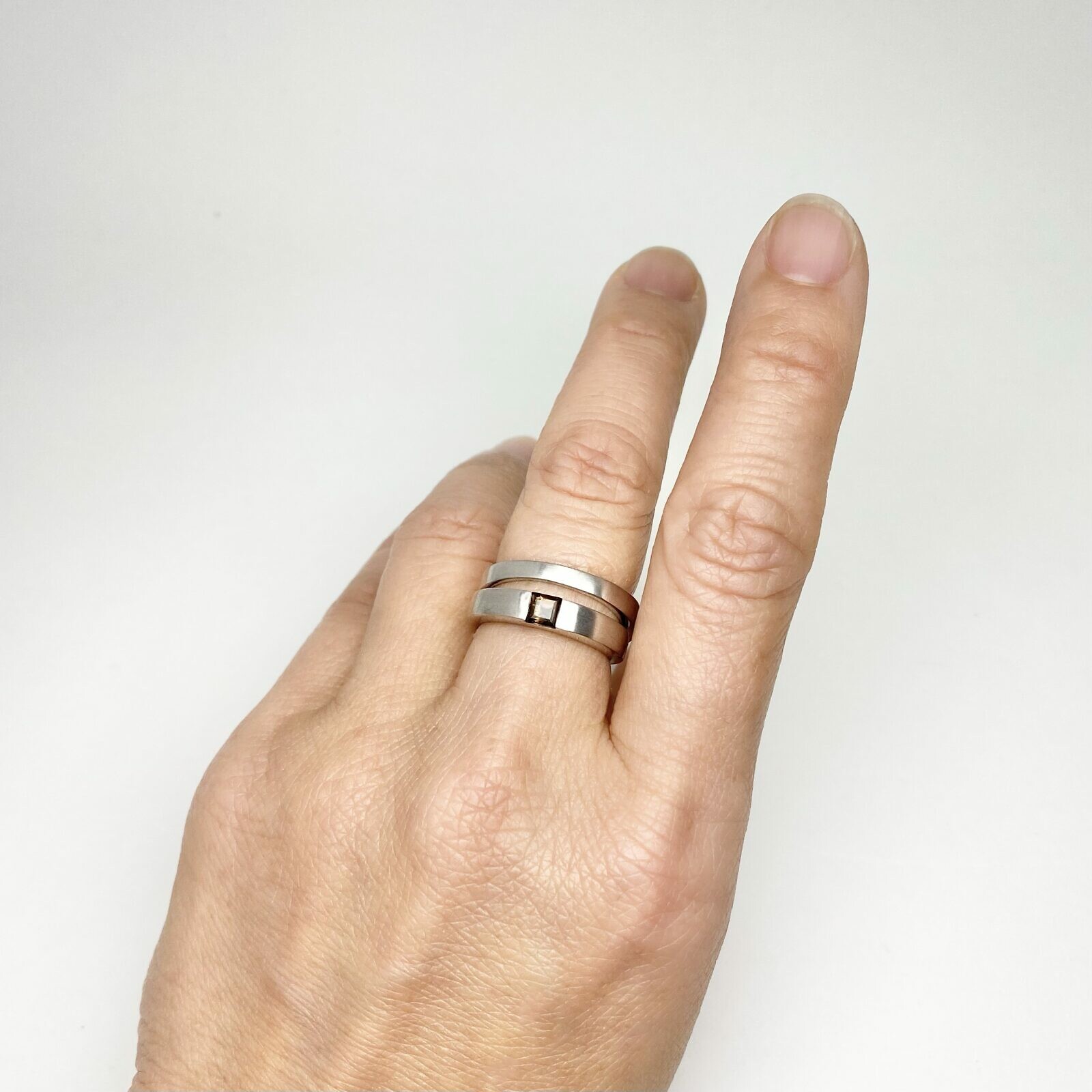 Classic Band Rings with Square Stone Brushed Rhodium Plated Sterling Silver .925 - Image 2