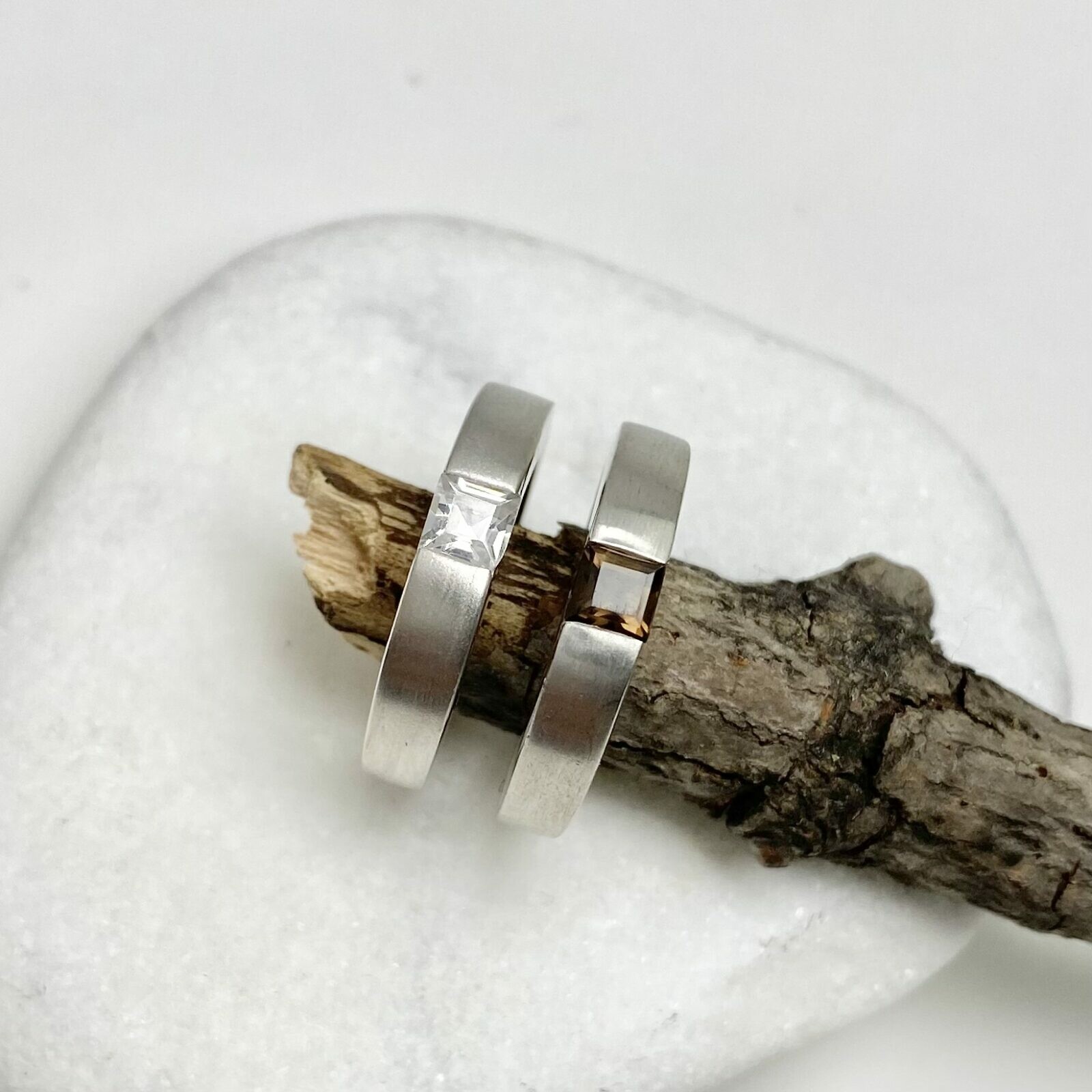 Classic Band Rings with Square Stone Brushed Rhodium Plated Sterling Silver .925