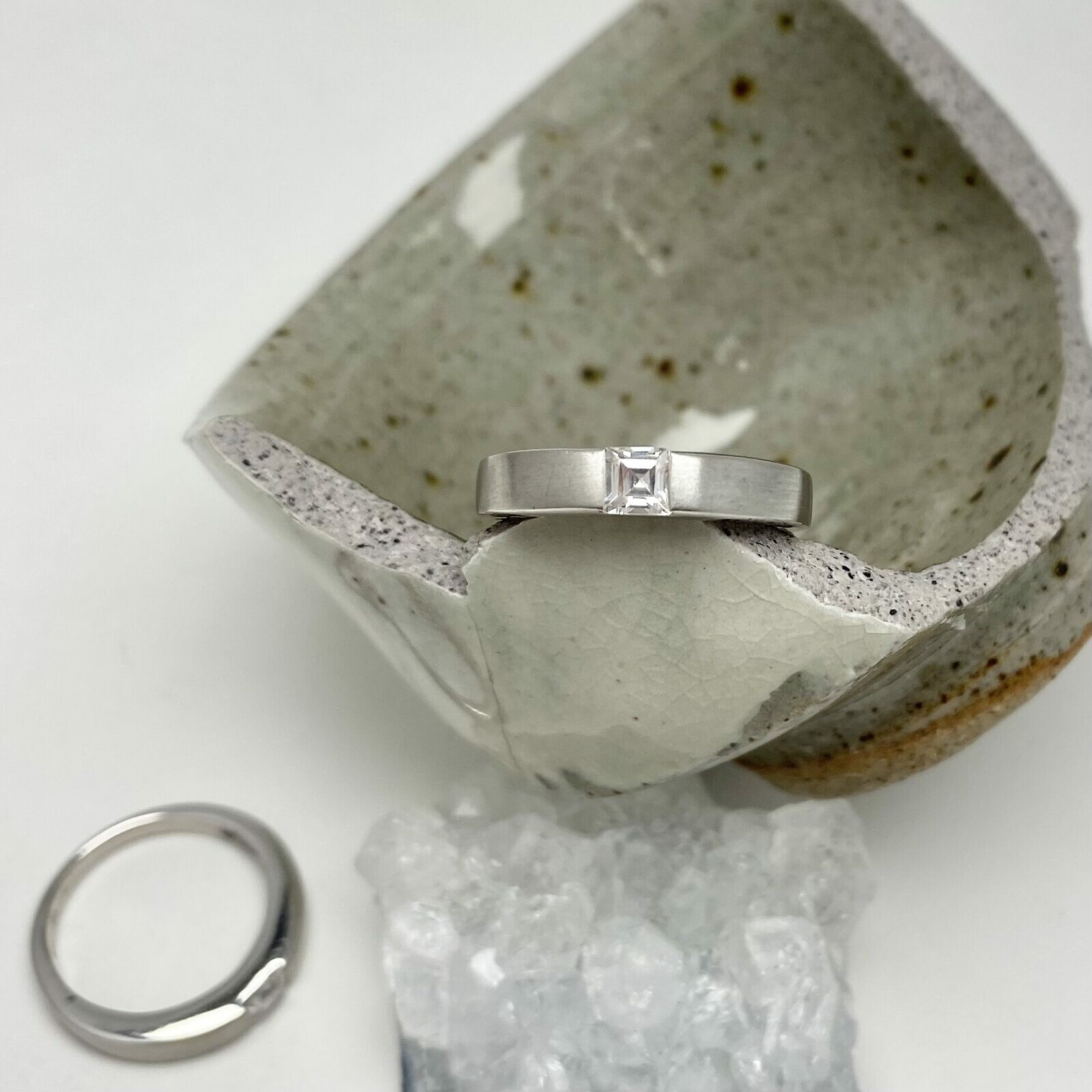 Classic Band Rings with Square Stone Brushed Rhodium Plated Sterling Silver .925 - Image 3