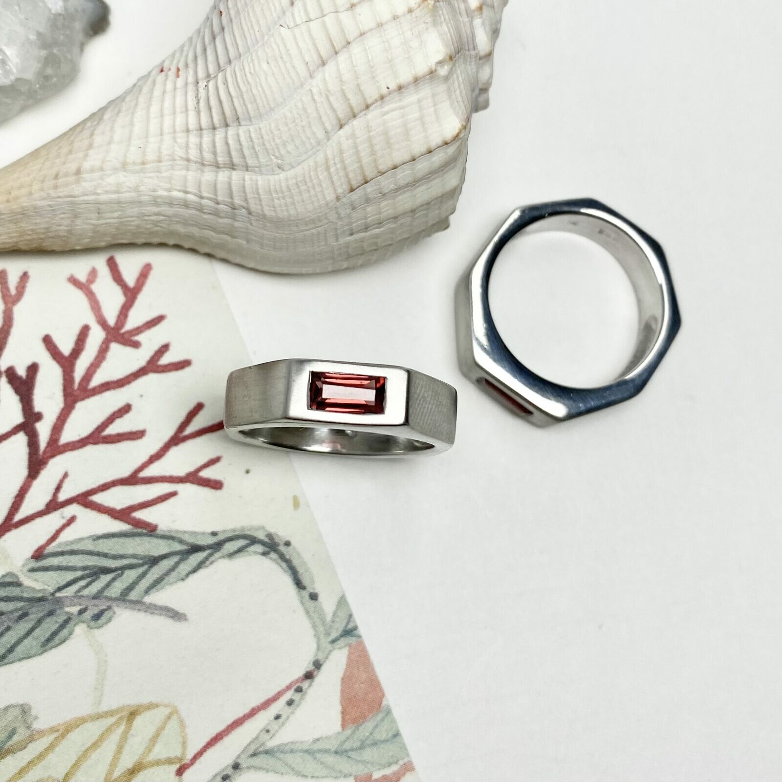 Octagon Rings with Rectangle Baguette Stone Brushed Rhodium Plated Sterling Silver .925 - Image 3