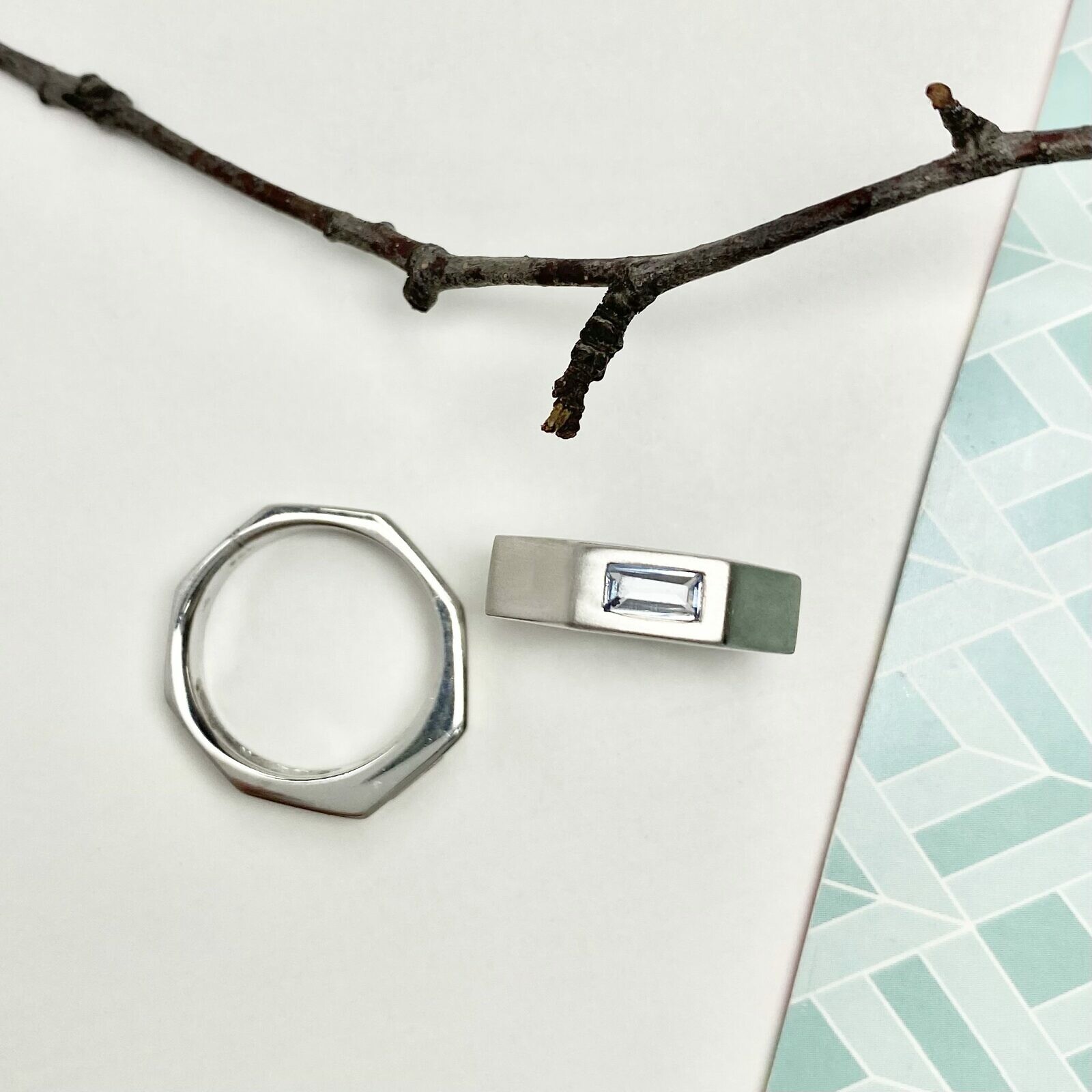 Octagon Rings with Rectangle Baguette Stone Brushed Rhodium Plated Sterling Silver .925 - Image 4