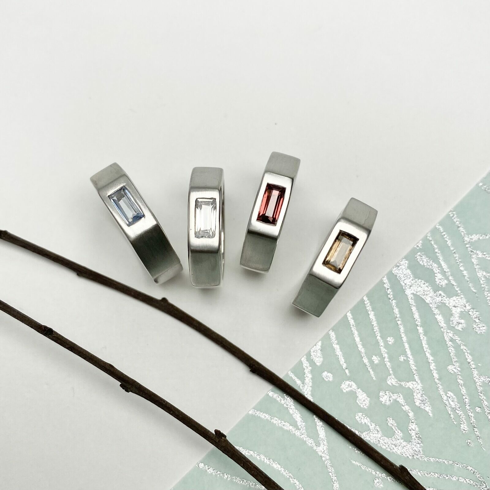 Octagon Rings with Rectangle Baguette Stone Brushed Rhodium Plated Sterling Silver .925