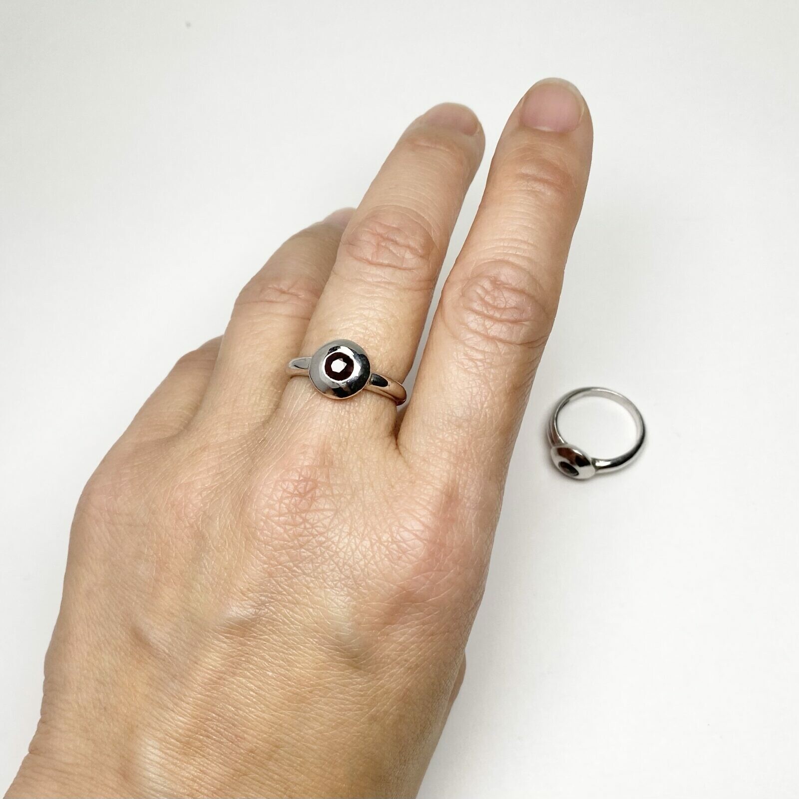 Pebble Rings with Round Stone Brushed Rhodium Plated Sterling Silver .925 - Image 2