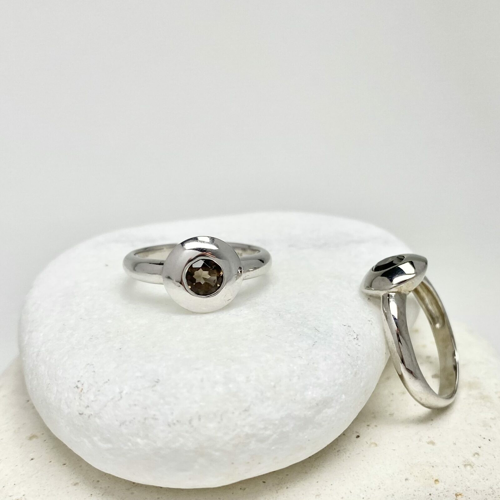 Pebble Rings with Round Stone Brushed Rhodium Plated Sterling Silver .925 - Image 3