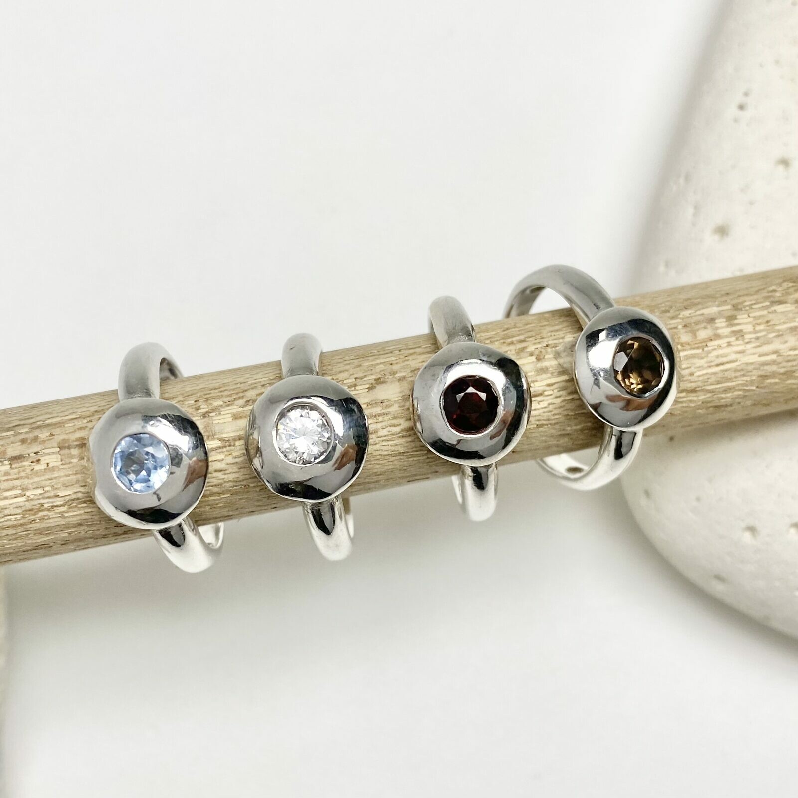 Pebble Rings with Round Stone Brushed Rhodium Plated Sterling Silver .925