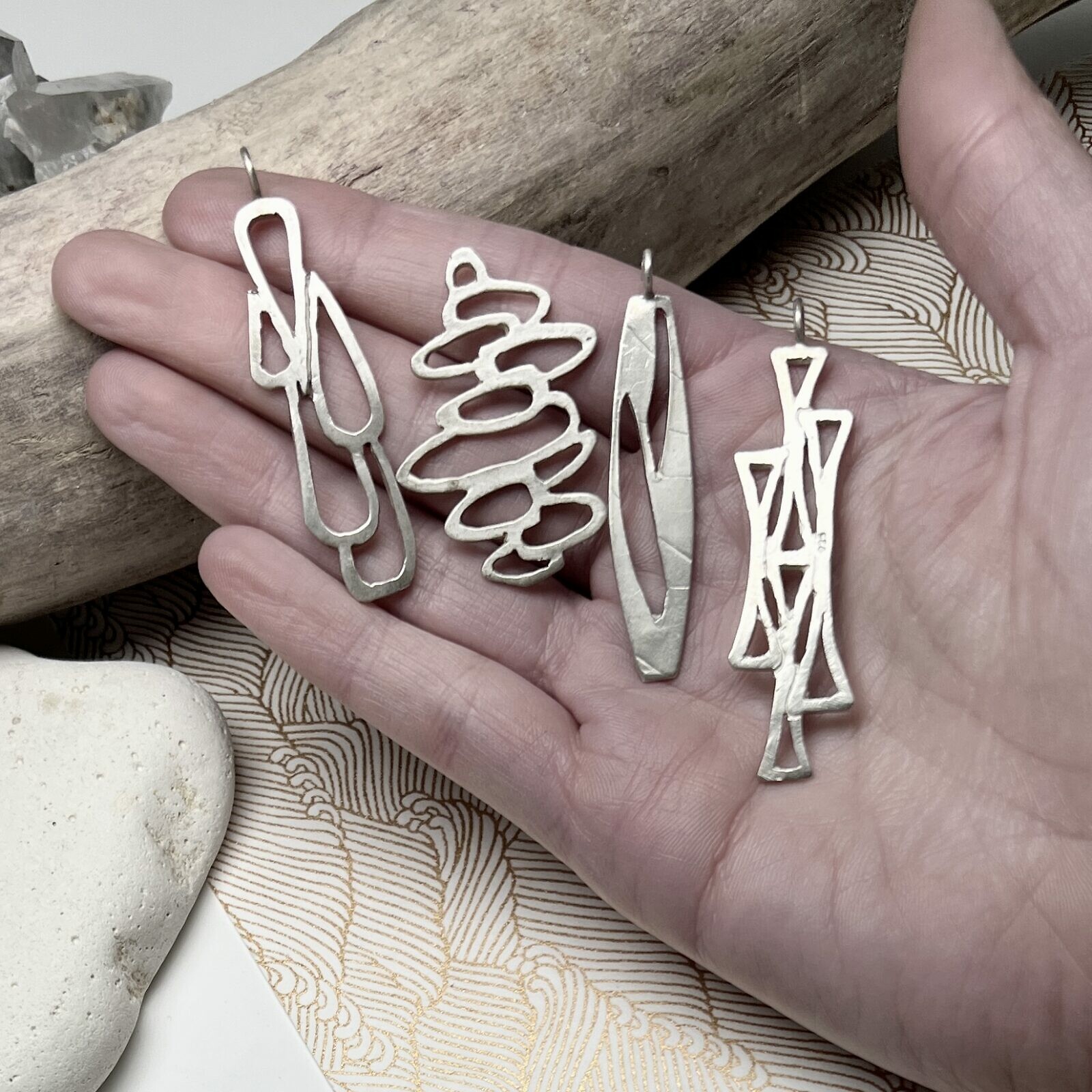 Large Geometric Raw Edge Mosaic Triangles, River Pebbles, Rain Drops, Futurism Sterling Silver .925 - Pendants - Image 2