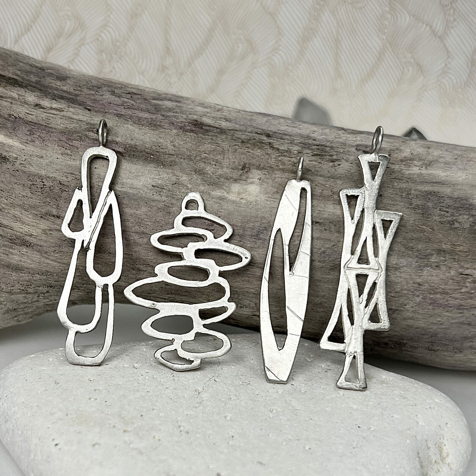 Large Geometric Raw Edge Mosaic Triangles, River Pebbles, Rain Drops, Futurism Sterling Silver .925 - Pendants