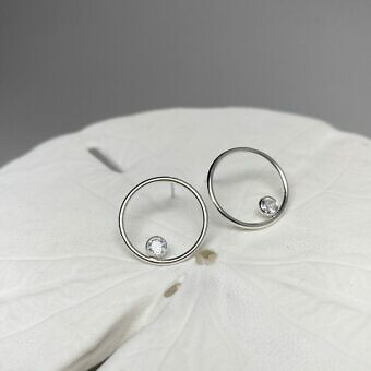 15mm Infinity Circle with 3mm Clear CZ Crystals Studs Earrings Sterling Silver .925