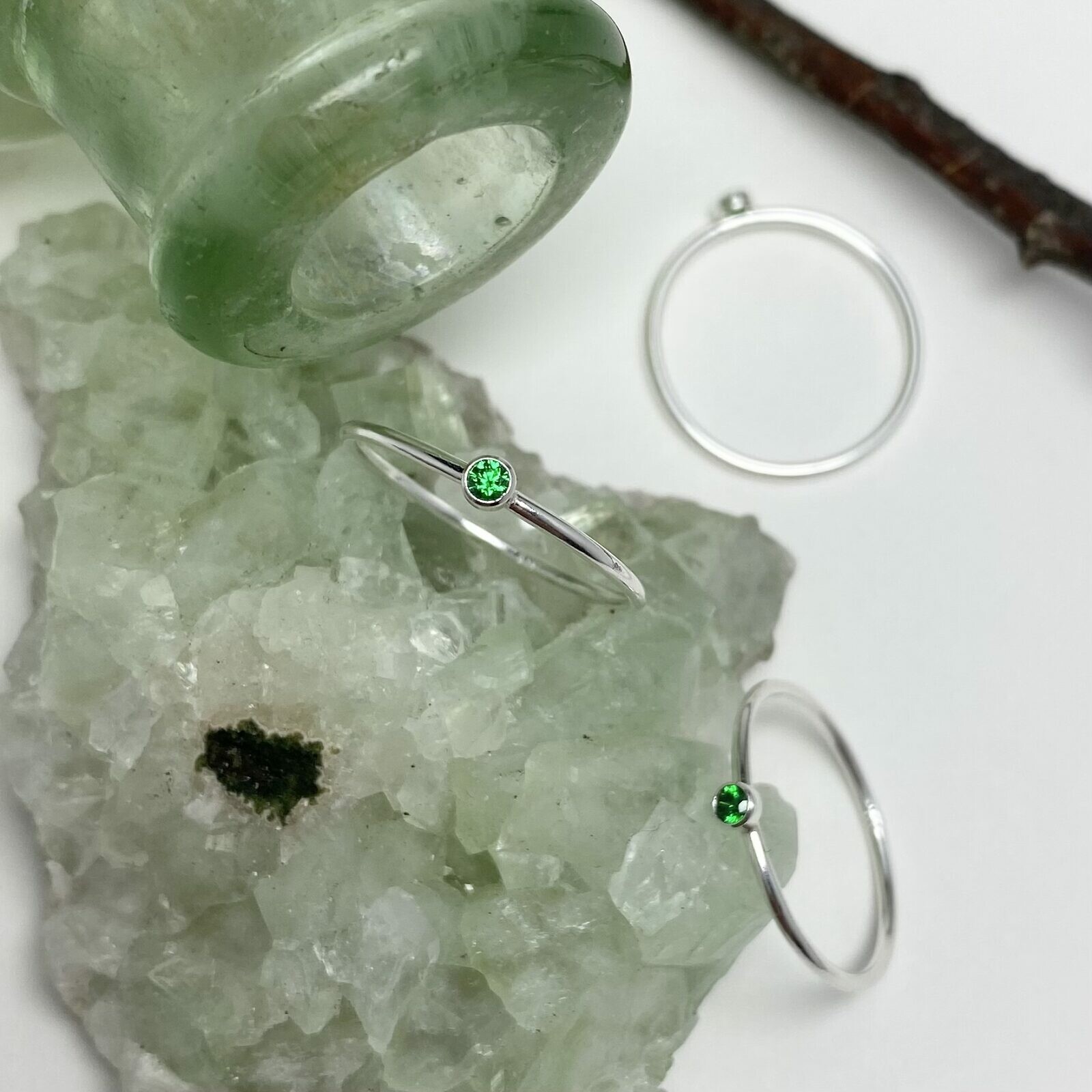 Tiny 2mm Emerald Green Round Bezel Set CZ Crystal Stacking Ring Sterling Silver .925 Birthstones (May) Size 7