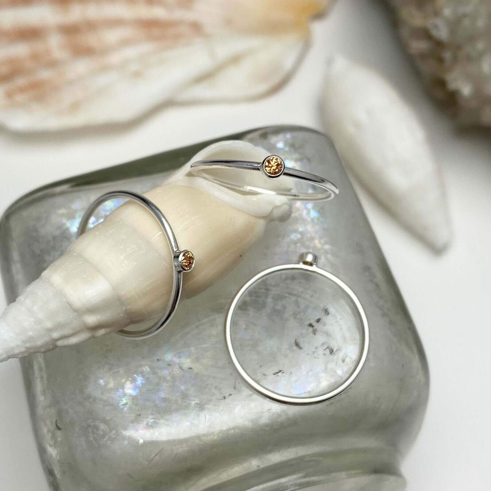 Tiny 2mm Golden Citrine Round Bezel Set CZ Crystal Stacking Ring Sterling Silver .925 Birthstones (November) Size 6