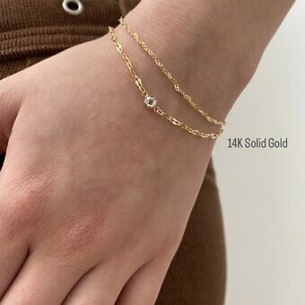 Alternative view of 4mm 14kt Solid Gold Crystal Clear Round Bezel Set CZ  Birthstone - Connector Pendant Charm (April)
