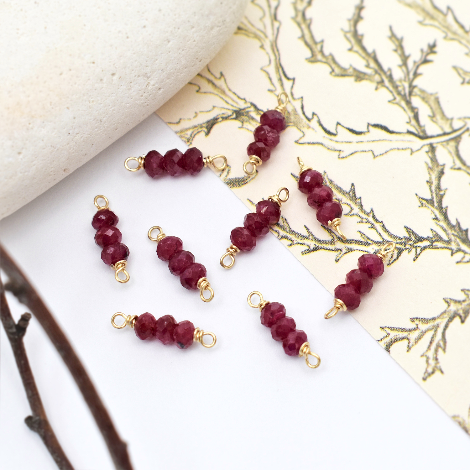 Triple Indian Ruby Birthstone 14kt Gold Filled - Connectors Pendants Charms (July)