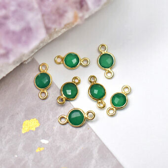 6mm Emerald Green Onyx Round Bezel Set 22kt Gold Plated Sterling Silver .925 - Connectors Pendants Charms (May)