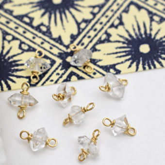 10kt Solid Gold Clear Double Terminated Herkimer Diamonds Quartz Birthstone - Connectors Pendants Charms (April)