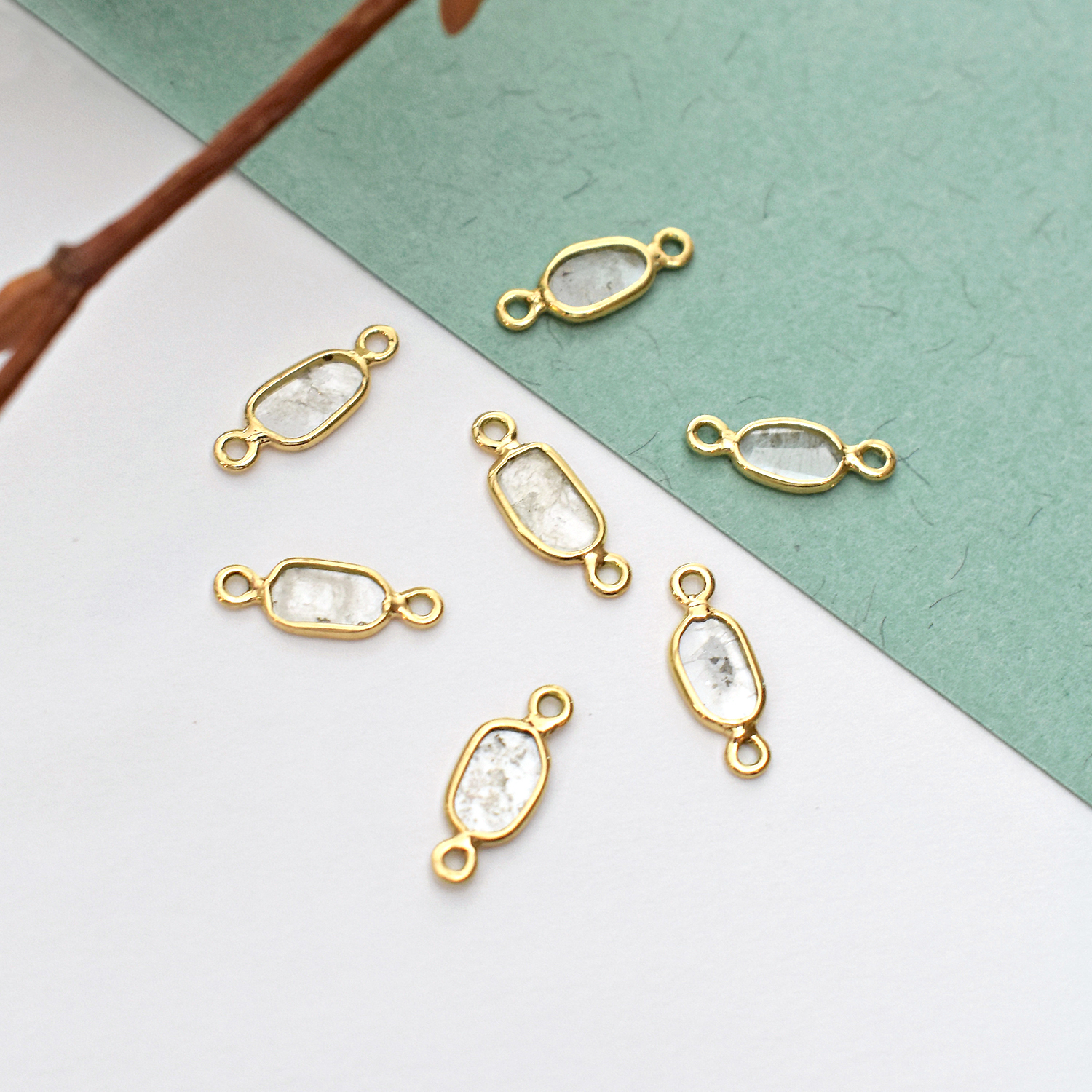 Medium Oval Natural Grey Diamond Slices Bezel in Solid 14kt Gold Connector