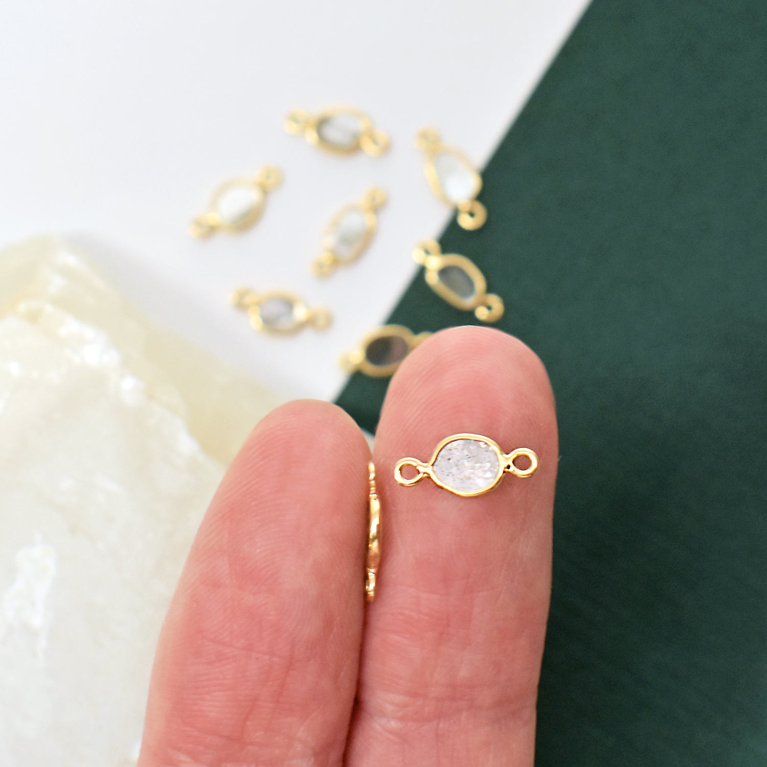 Small Freeform Natural Grey Diamond Slices Bezel in Solid 14kt Gold Connector Displayed On A Hand