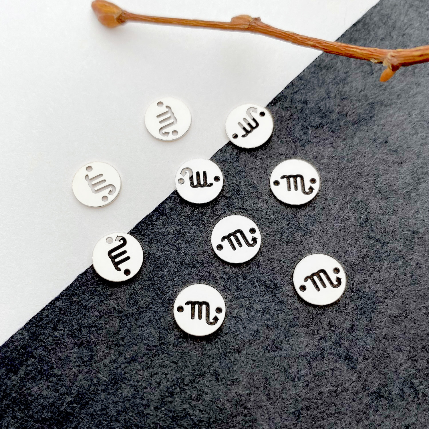 Scorpio Round Disc Zodiac Sterling Silver .925 - Connectors Pendants Charms
