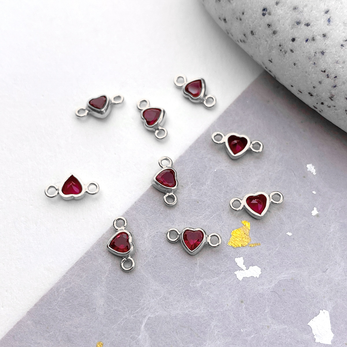 3mm Bright Red Heart Bezel Set CZ Crystals Sterling Silver .925 Birthstones - Connectors Pendants Charms (July)