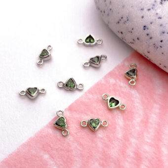 3mm Light Green Heart Bezel Set CZ Crystals Sterling Silver .925 Birthstones - Connectors Pendants Charms (August)