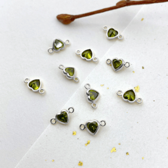 4mm Light Green Heart Bezel Set CZ Crystals Sterling Silver .925 Birthstones - Connectors Pendants Charms (August)