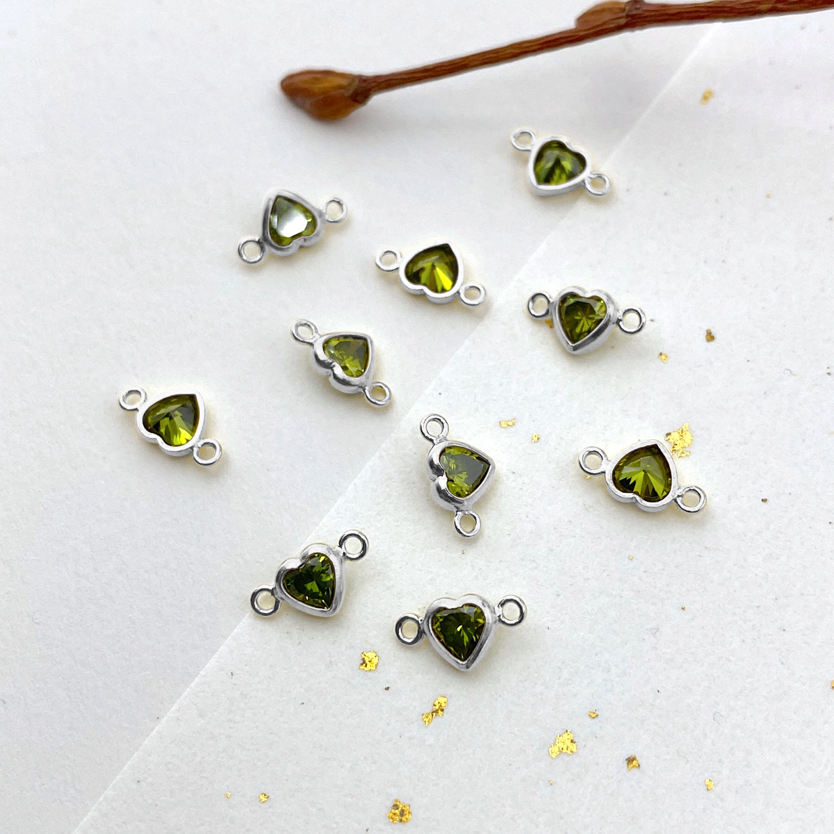 4mm Light Green Heart Bezel Set CZ Crystals Sterling Silver .925 Birthstones - Connectors Pendants Charms (August)
